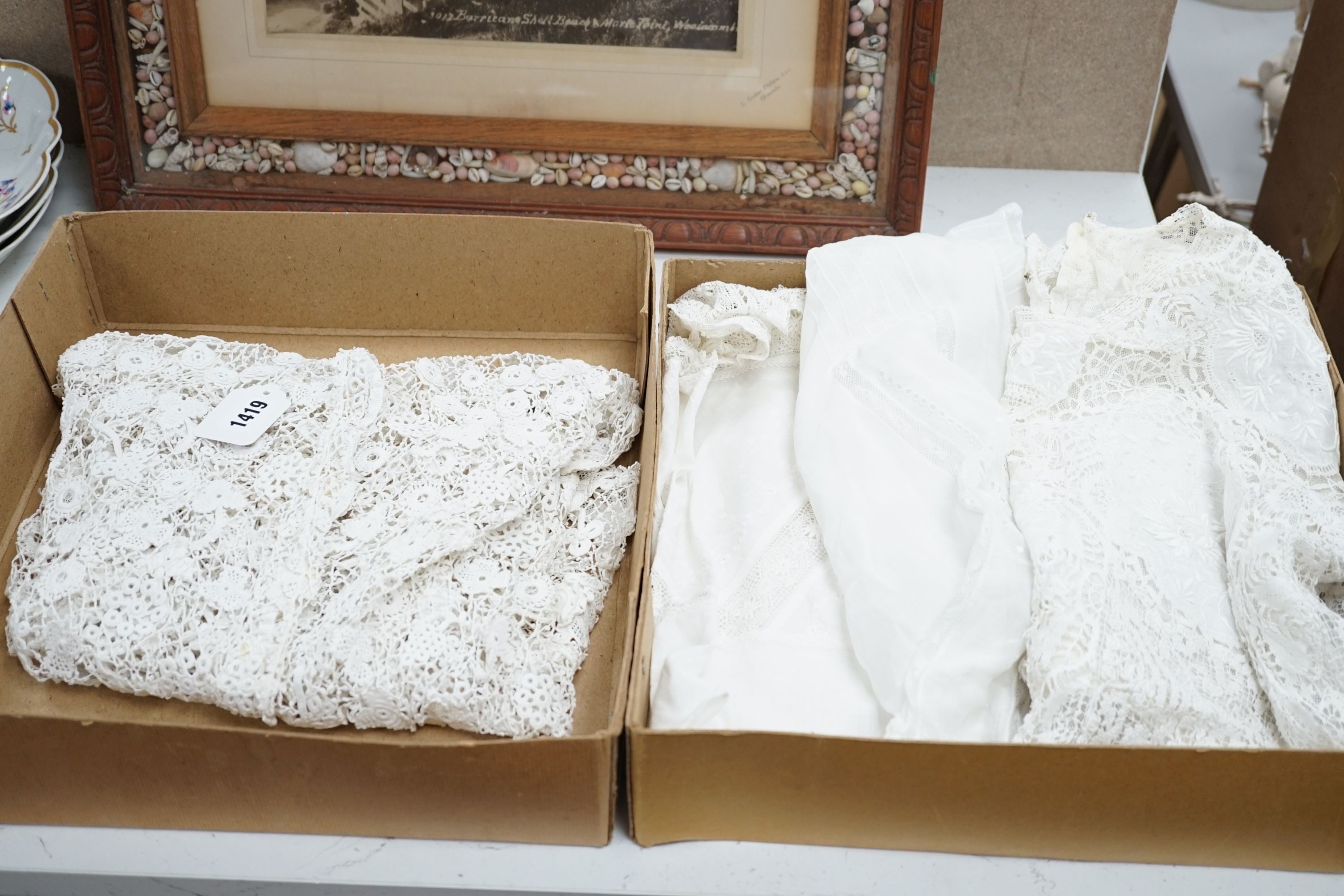 A 19th century hand made Irish crochet jacket, with long sleeves and high collar, a bobbin lace and white worked patch worked blouse, a fine lawn and anglaise worked blouse and a fine bobbin lace trimmed and white worked